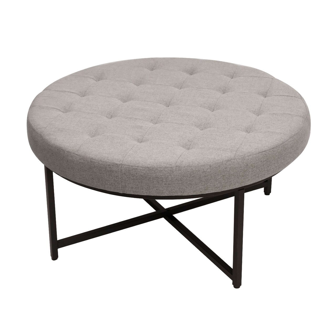 Merrick Lane Almas 34-Inch Round Tufted Cotton Linen Ottoman with Durable Metal Frame